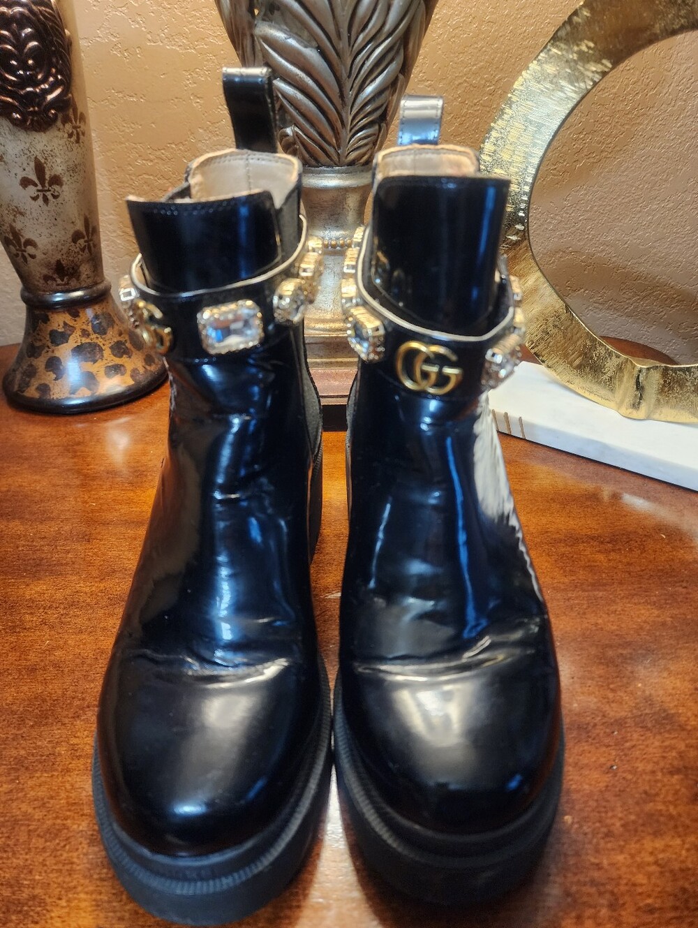 Authentic Gucci Black Patent Leather Ankle Boots with CalfSkin Jeweled GG Strap